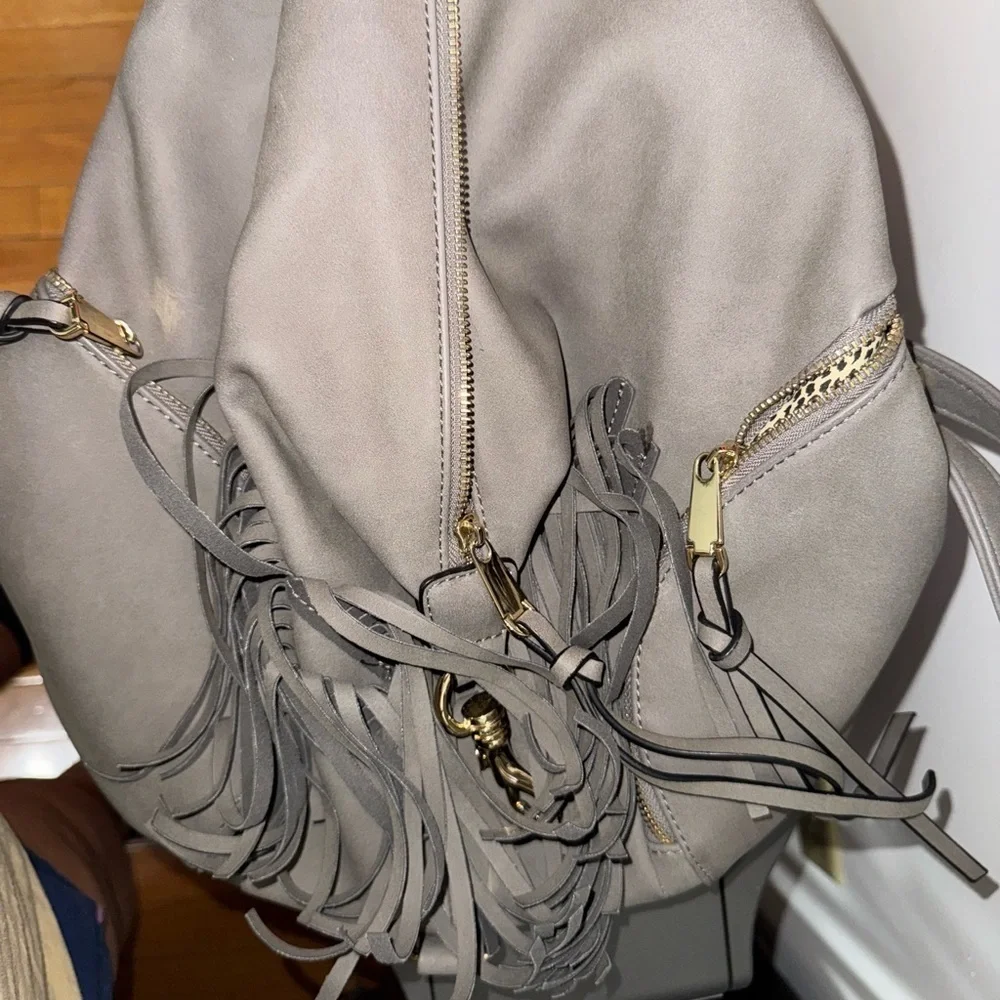 Gray Leather like  Backpack with Fringe